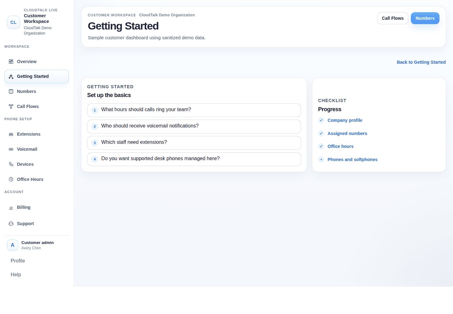 CloudTalk Live setup checklist dashboard screenshot